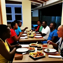 Caribbean Holidays, Haiti Solo Holidays, A friendly solo traveller sharing a meal with local people at a relaxed Haitian restaurant, with colourful food and warm evening light