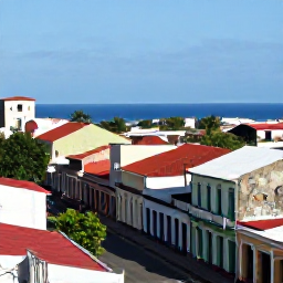 Caribbean Holidays, Haiti Solo Holidays, A panoramic daytime view of Jacmel, Haiti, showing colourful historic buildings, an artistic street and the blue Caribbean coastline