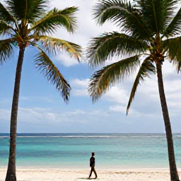 Caribbean Holidays, Haiti Solo Holidays, A peaceful Haitian beach in September with palm trees, calm turquoise water and a solo traveller walking along the shore