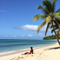 Caribbean Holidays, Haiti Solo Holidays, A quiet Haitian beach with clear blue water, warm sand, palm trees and a solo traveller relaxing near the shoreline