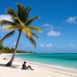 Caribbean Holidays, Haiti Solo Holidays, A quiet Haitian beach with clear turquoise water, palm trees and a solo traveller relaxing near the shore