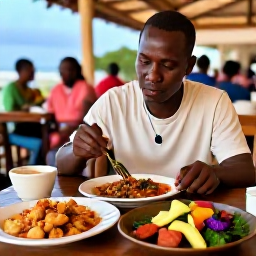 Caribbean Holidays, Haiti Solo Holidays, A solo traveller enjoying Haitian food at an outdoor restaurant, with colourful dishes, fresh fruit and a relaxed evening atmosphere