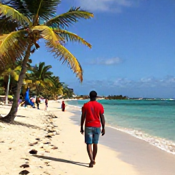 Caribbean Holidays, Haiti Solo Holidays, A solo traveller walking along a sunny Haitian beach in May, with turquoise water, palm trees and a relaxed Caribbean atmosphere