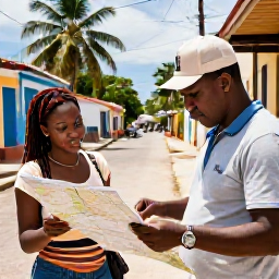 Caribbean Holidays, Haiti Solo Holidays, A well-prepared solo traveller checking a map beside a trusted local guide in Haiti, with a bright tropical street scene behind them