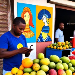 Caribbean Holidays, Haiti Solo Holidays, Friendly Haitian street market with local fruit, colourful artwork and a solo traveller browsing with a local guide