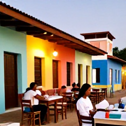 Caribbean Holidays, Haiti Solo Holidays, Friendly solo traveller enjoying Haitian food at a small outdoor restaurant with colourful buildings and evening lights