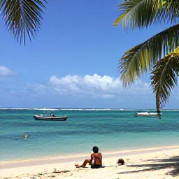 Caribbean Holidays, Haiti Solo Holidays, Palm-fringed beach near Jacmel, Haiti, with turquoise water, fishing boats and a solo traveller relaxing by the shore