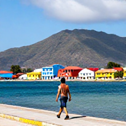Caribbean Holidays, Haiti Solo Holidays, Solo traveller walking along a colourful waterfront in Haiti with mountains and bright Caribbean light