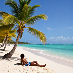 Caribbean Holidays, Haiti Solo Holidays, Sunny Haitian beach in January with turquoise water, palm trees and a solo traveller relaxing near the shoreline