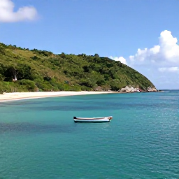 Caribbean Holidays, Haiti Solo June, Haiti coastline in June with a small boat, calm turquoise sea, sandy beach and green tropical hills