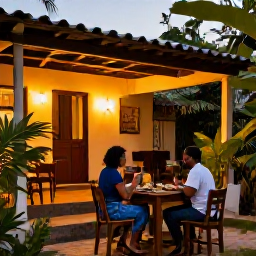 Caribbean Holidays, Haiti Solo June, Solo traveller enjoying a relaxed outdoor meal at a welcoming Haitian guesthouse, with tropical plants and warm evening light