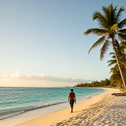 Caribbean Holidays, Haiti Solo June, Solo traveller walking along a quiet tropical beach in Haiti at sunrise, with turquoise water and palm trees