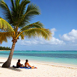 Caribbean Holidays, Haiti Spa Breaks, A calm Haitian beach in September with turquoise water, palm trees and a couple relaxing near the shore