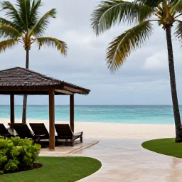 Caribbean Holidays, Haiti Spa Breaks, A calm Haitian coastal resort with palm trees, a sandy beach, turquoise water and a covered outdoor relaxation area after a light tropical shower