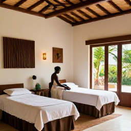 Caribbean Holidays, Haiti Spa Breaks, A comfortable Haiti hotel spa lounge with natural materials, local details and a guest relaxing after treatment