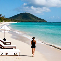 Caribbean Holidays, Haiti Spa Breaks, A comfortable Haitian beach with turquoise water, soft sand, sun loungers and tropical hills in the distance