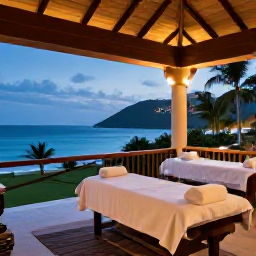 Caribbean Holidays, Haiti Spa Breaks, A comfortable Haitian resort terrace overlooking the Caribbean at dusk, prepared for a relaxed evening after a spa treatment