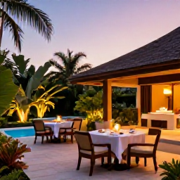 Caribbean Holidays, Haiti Spa Breaks, A comfortable outdoor dining terrace at a Haitian resort at sunset, with tropical planting and a softly lit spa nearby