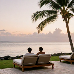 Caribbean Holidays, Haiti Spa Breaks, A couple enjoying a calm July evening in Haiti beside the sea, with comfortable outdoor seating and soft sunset light