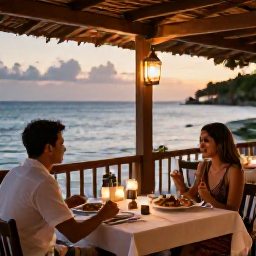 Caribbean Holidays, Haiti Spa Breaks, A couple enjoying a relaxed outdoor dinner at a Haitian seaside restaurant at sunset, with local dishes and soft lantern light