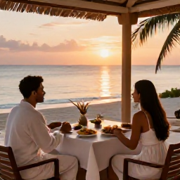 Caribbean Holidays, Haiti Spa Breaks, A couple relaxing at a Haitian seaside restaurant at sunset after a spa day, with local food and a calm tropical view