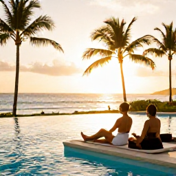Caribbean Holidays, Haiti Spa Breaks, A couple relaxing beside a Haitian resort pool at sunset, with palm trees, warm light and the Caribbean horizon