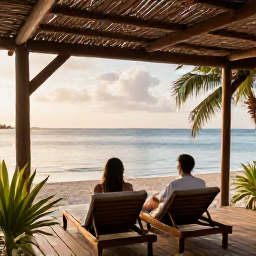 Caribbean Holidays, Haiti Spa Breaks, A couple relaxing on a shaded beachfront terrace in Haiti at sunset, with comfortable loungers, tropical plants and calm Caribbean water