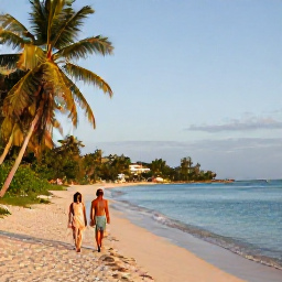 Caribbean Holidays, Haiti Spa Breaks, A couple walking along a quiet Haitian beach in March, with clear water, palms and golden morning light