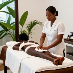 Caribbean Holidays, Haiti Spa Breaks, A Haitian wellness scene with locally inspired oils, tropical plants and a therapist preparing a spa treatment