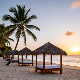 Caribbean Holidays, Haiti Spa Breaks, A peaceful beachfront spa in Haiti at sunrise, with treatment cabanas, palm trees and calm Caribbean water