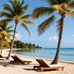 Caribbean Holidays, Haiti Spa Breaks, A peaceful beachfront wellness setting in Haiti with palm trees, sun loungers and calm blue water