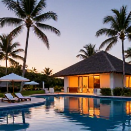 Caribbean Holidays, Haiti Spa Breaks, A peaceful Caribbean spa resort in Haiti during August, with palm trees, a calm swimming pool and warm tropical light