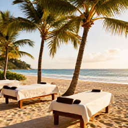 Caribbean Holidays, Haiti Spa Breaks, A peaceful luxury spa overlooking a tropical Haitian beach in warm October sunshine, with treatment beds, palms and the Caribbean Sea