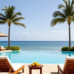 Caribbean Holidays, Haiti Spa Breaks, A sunlit Haitian resort pool beside the sea, with comfortable loungers, palms and a calm February sky