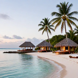 Caribbean Holidays, Haiti Spa Breaks, A tranquil beachfront spa in Haiti at sunrise, with treatment rooms, palm trees and calm turquoise water