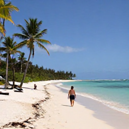 Caribbean Holidays, Haiti Spa Breaks, A tranquil Haitian beach with soft sand, calm turquoise water, palm trees and a couple enjoying a quiet wellness walk
