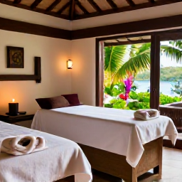 Caribbean Holidays, Haiti Spa Breaks, A tranquil Haitian spa treatment room with natural materials, soft towels, candles and views of tropical greenery