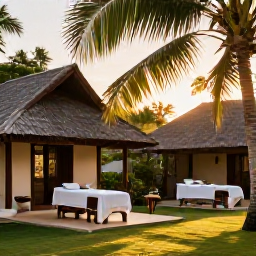 Caribbean Holidays, Haiti Spa Breaks, A tranquil tropical spa setting in Haiti with treatment rooms, palm trees and warm September light