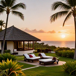 Caribbean Holidays, Haiti Spa Breaks, An elegant, comfortable Haitian spa hotel at sunset, surrounded by tropical greenery and overlooking the Caribbean Sea
