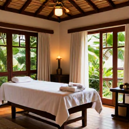Caribbean Holidays, Haiti Spa Breaks, An elegant Haitian spa treatment room decorated with natural wood, soft towels, candles and views of tropical greenery