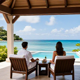 Caribbean Holidays, Haiti Spa Breaks, Couple relaxing at a comfortable Haitian spa resort in November, looking towards the Caribbean sea from a shaded terrace