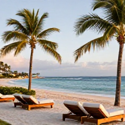 Caribbean Holidays, Haiti Spa Breaks, Elegant Haiti beachfront hotel at golden hour in April, with comfortable loungers, palms and a calm Caribbean shoreline