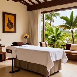 Caribbean Holidays, Haiti Spa Breaks, Elegant Haitian spa resort with a tranquil treatment room, soft natural light, tropical plants and tasteful Caribbean furnishings