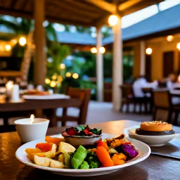 Caribbean Holidays, Haiti Spa Breaks, Friendly Haitian restaurant serving colourful local dishes in a relaxed open-air setting, with tropical greenery and warm evening light