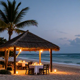 Caribbean Holidays, Haiti Spa Breaks, Golden evening on a Haitian beach with a small elegant outdoor dining area, candles, palms and calm Caribbean waves