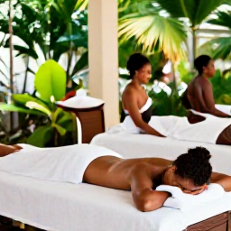 Caribbean Holidays, Haiti Spa Breaks, Haiti spa guests enjoying a peaceful treatment beside a tropical garden, with greenery and soft natural light