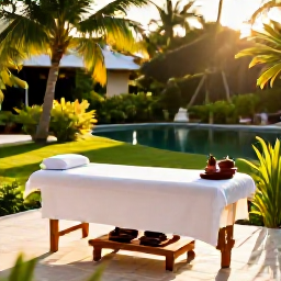 Caribbean Holidays, Haiti Spa Breaks, Haitian wellness spa overlooking a calm tropical garden, with a massage table, local plants and gentle morning sunlight