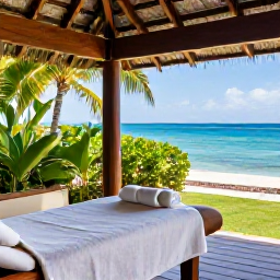 Caribbean Holidays, Haiti Spa Breaks, Peaceful beachfront spa treatment room in Haiti with natural wood, soft towels, tropical greenery and views of the Caribbean Sea