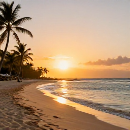 Caribbean Holidays, Haiti Spa Breaks, Quiet Haitian beach at sunset in November, with golden light, calm Caribbean water, soft sand and a few palm trees