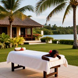 Caribbean Holidays, Haiti Spa Breaks, Relaxing outdoor spa treatment at a peaceful tropical resort in Haiti during November, with palm trees, warm daylight and natural Caribbean surroundings
